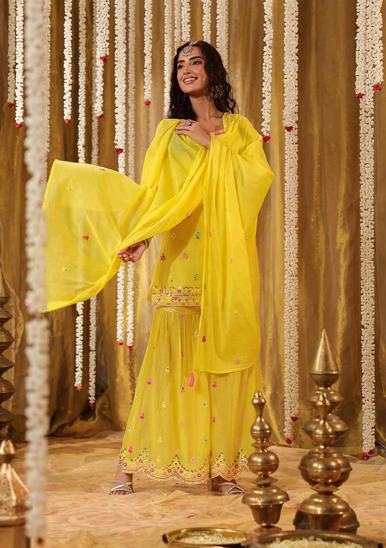 Yellow Sequin Mirror Embroidered Cotton Mulmul Sharara Set
