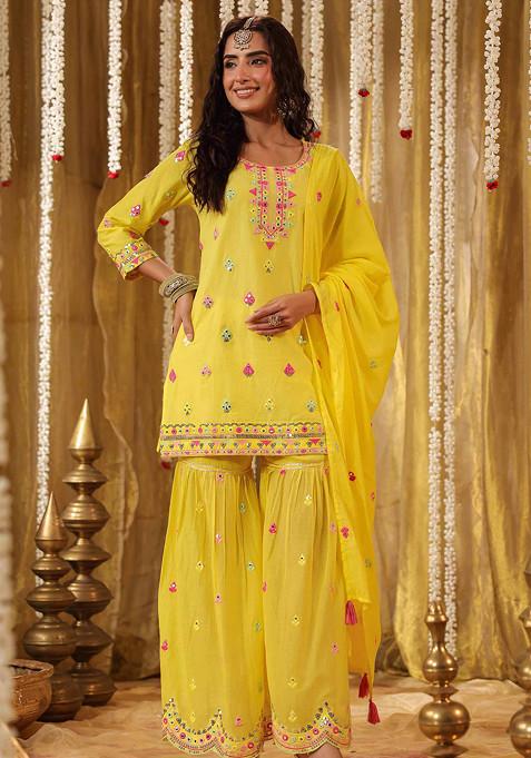 Yellow Sequin Mirror Embroidered Cotton Mulmul Sharara Set