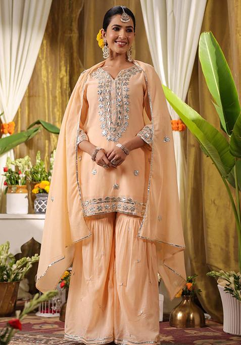 Peach Gota Patti Work Cotton Mulmul Sharara Set