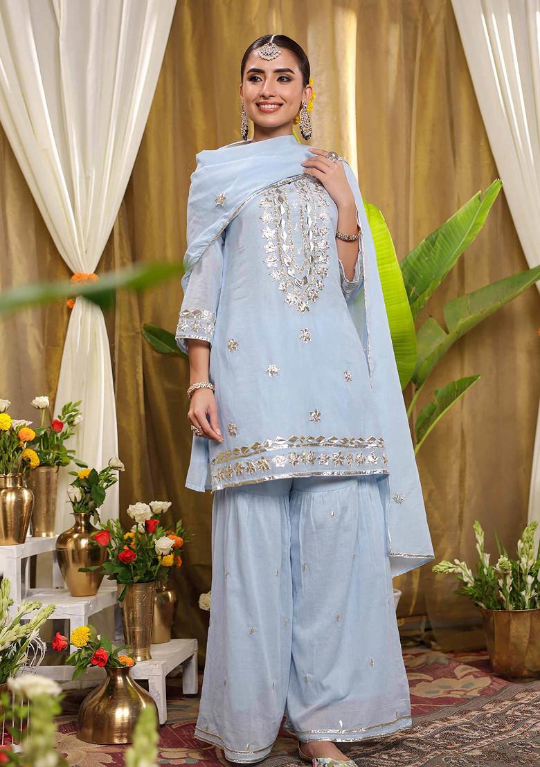 Blue Gota Patti Work Cotton Mulmul Sharara Set