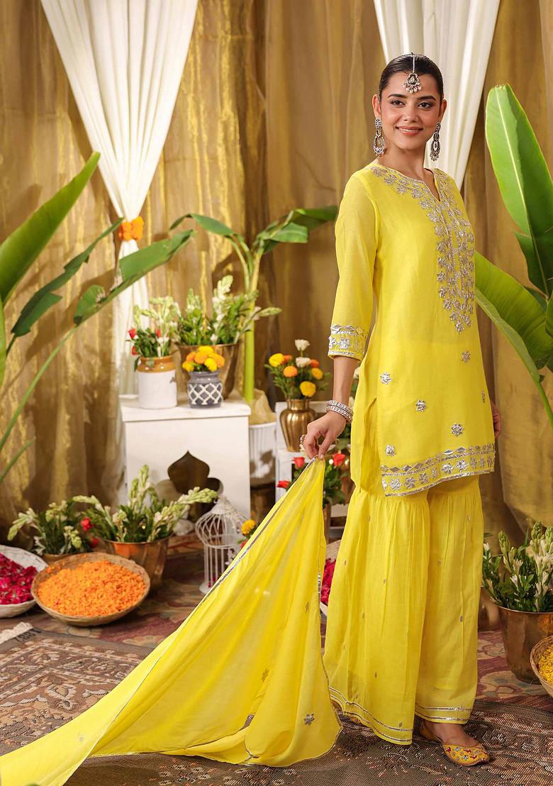 Yellow Gota Patti Work Cotton Mulmul Sharara Set