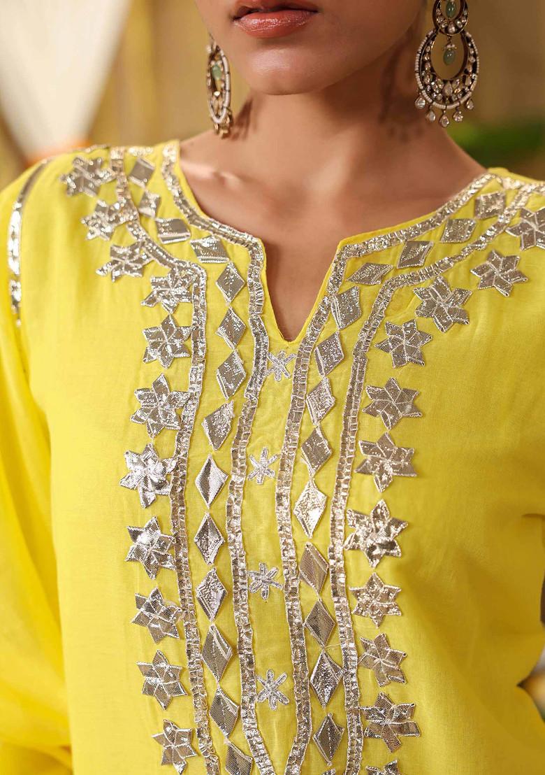 Yellow Gota Patti Work Cotton Mulmul Sharara Set
