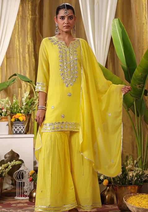 Yellow Gota Patti Work Cotton Mulmul Sharara Set