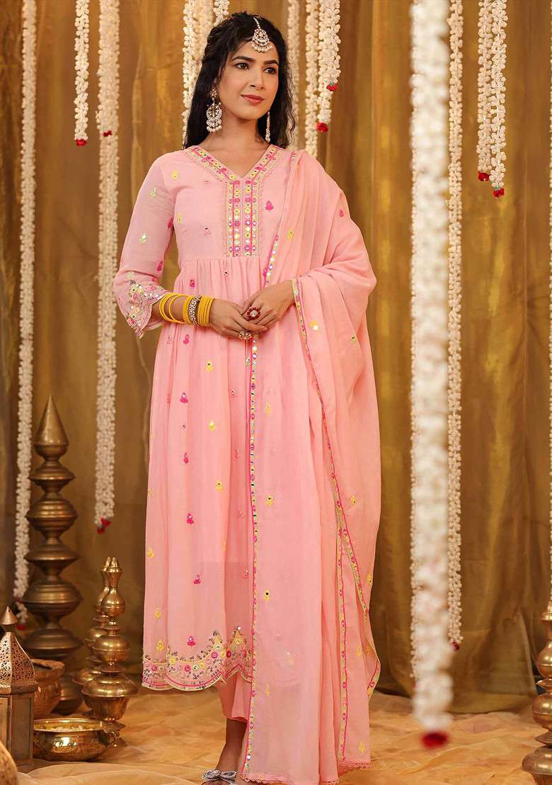Peach Sequin Mirror Embroidered Cotton Mulmul Anarkali With Dupatta - Indya