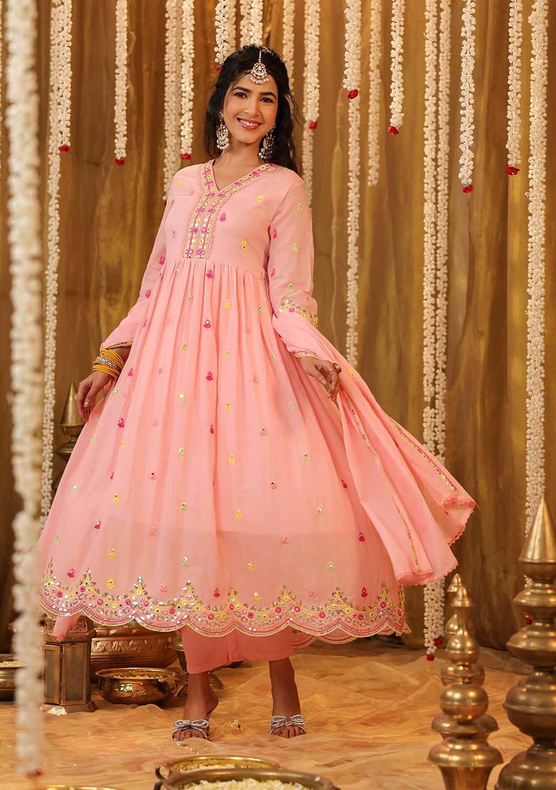 Peach Sequin Mirror Embroidered Cotton Mulmul Anarkali Set