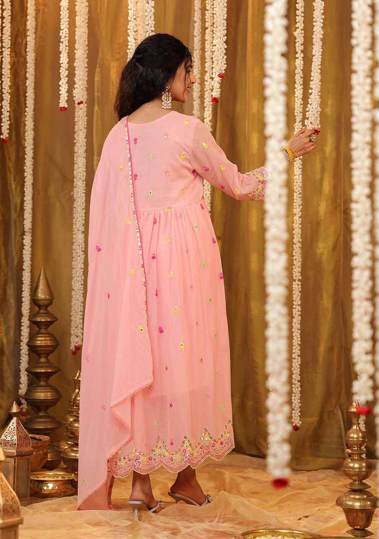 Peach Sequin Mirror Embroidered Cotton Mulmul Anarkali With Dupatta - Indya