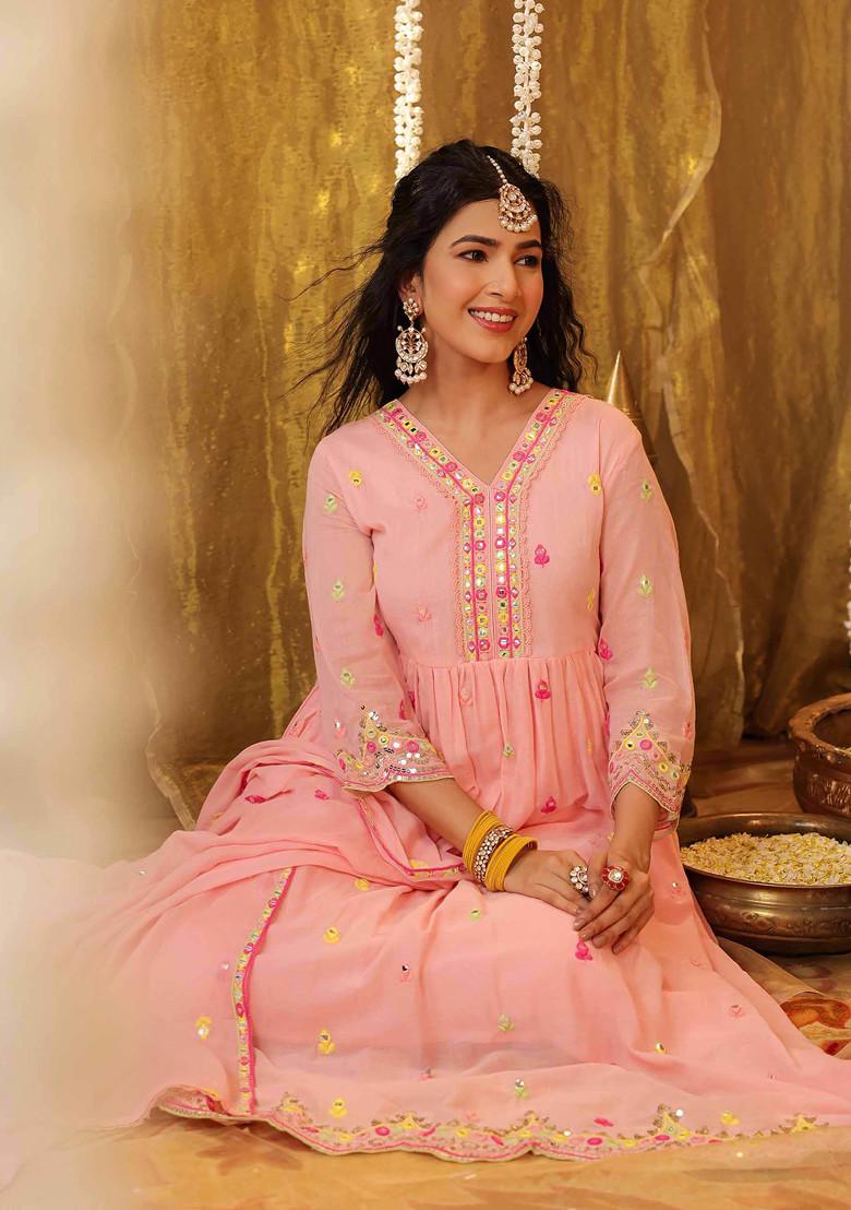 Peach Sequin Mirror Embroidered Cotton Mulmul Anarkali Set