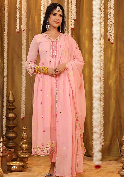 Peach Sequin Mirror Embroidered Cotton Mulmul Anarkali Set