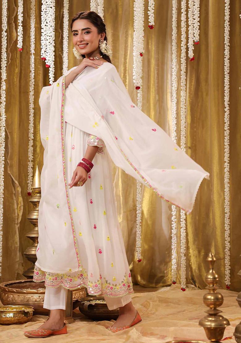 White Sequin Mirror Embroidered Cotton Mulmul Anarkali Set