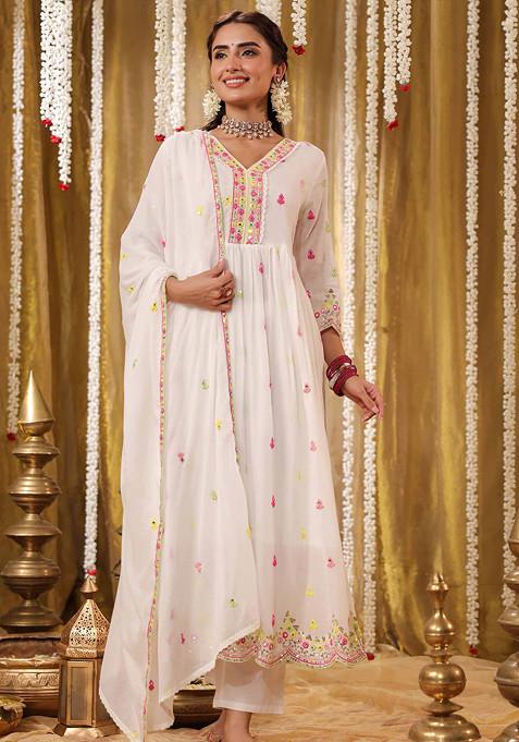 White Sequin Mirror Embroidered Cotton Mulmul Anarkali Set