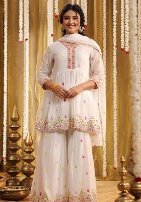 White Sequin Mirror Embroidered Cotton Mulmul Sharara Set