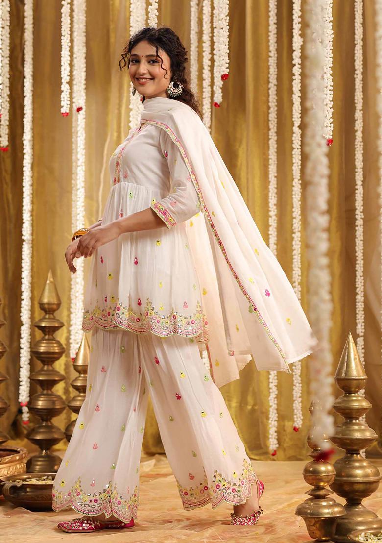 White Sequin Mirror Embroidered Cotton Mulmul Sharara Set