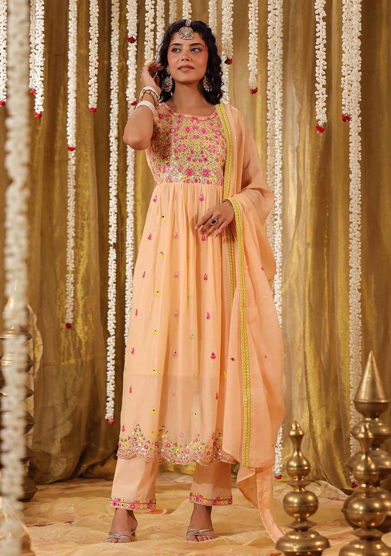 Peach Sequin Mirror Embroidered Cotton Mulmul Anarkali Set