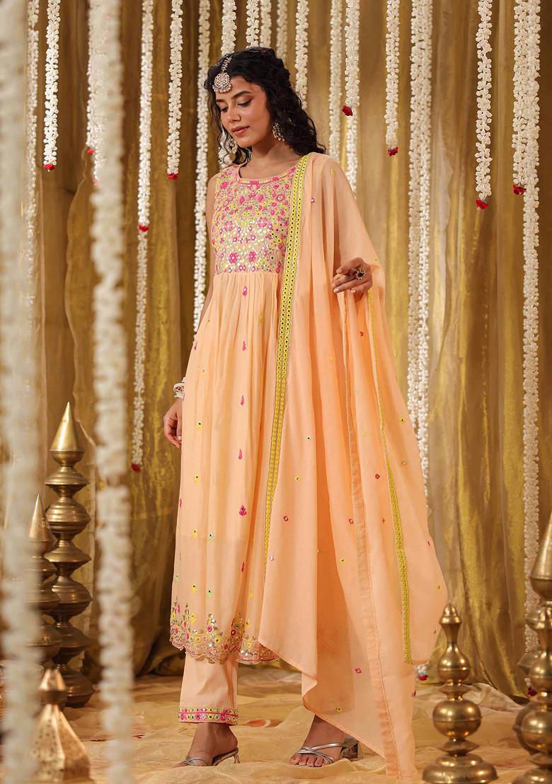 Peach Sequin Mirror Embroidered Cotton Mulmul Anarkali Set