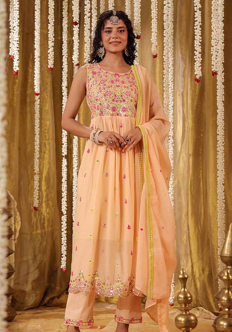 Peach Sequin Mirror Embroidered Cotton Mulmul Anarkali Set