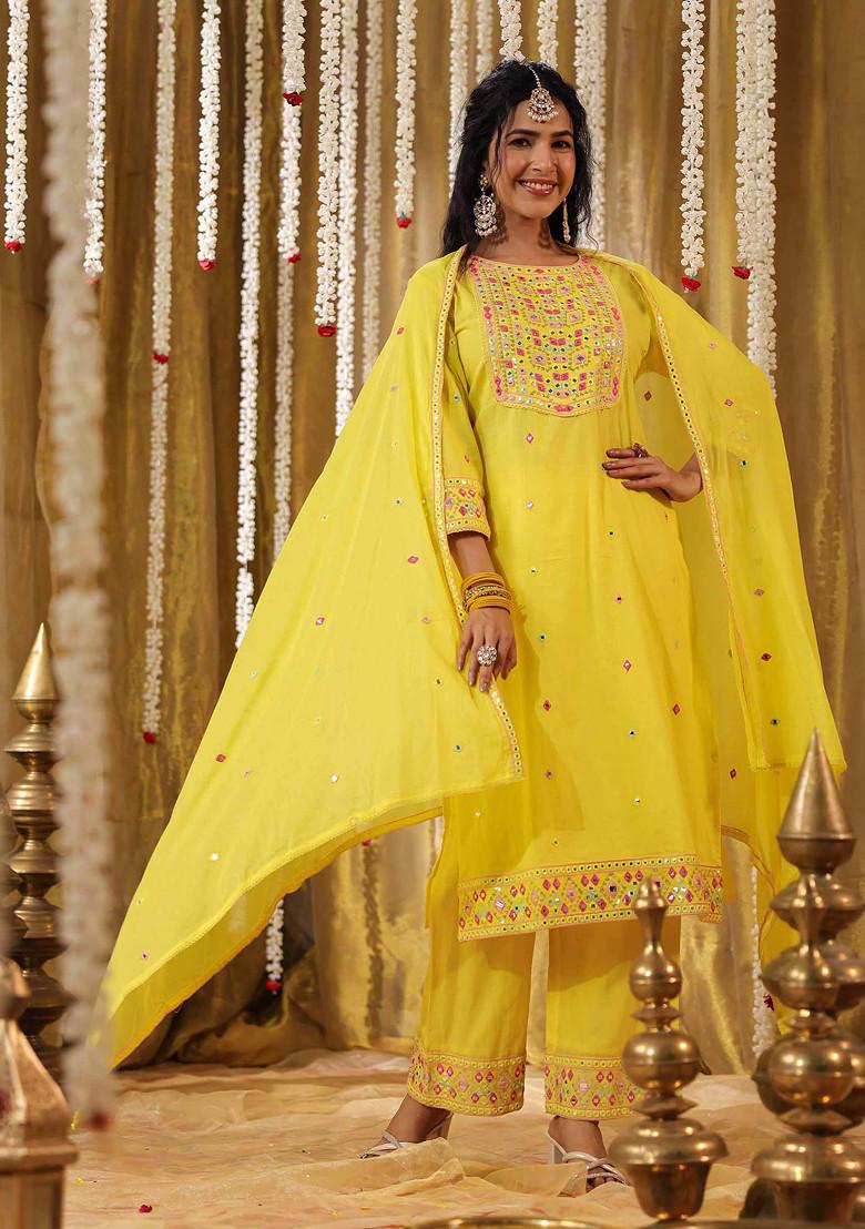 Yellow Sequin Mirror Embroidered Cotton Mulmul Kurta Set