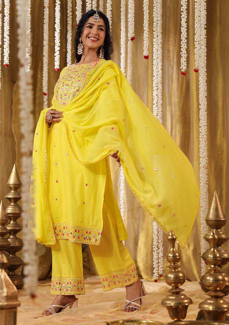 Yellow Sequin Mirror Embroidered Cotton Mulmul Kurta Set