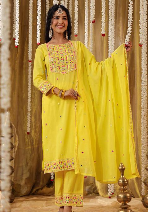 Yellow Sequin Mirror Embroidered Cotton Mulmul Kurta Set