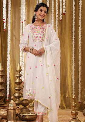 White Sequin Mirror Embroidered Cotton Mulmul Kurta Set