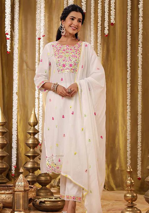 White Sequin Mirror Embroidered Cotton Mulmul Kurta Set