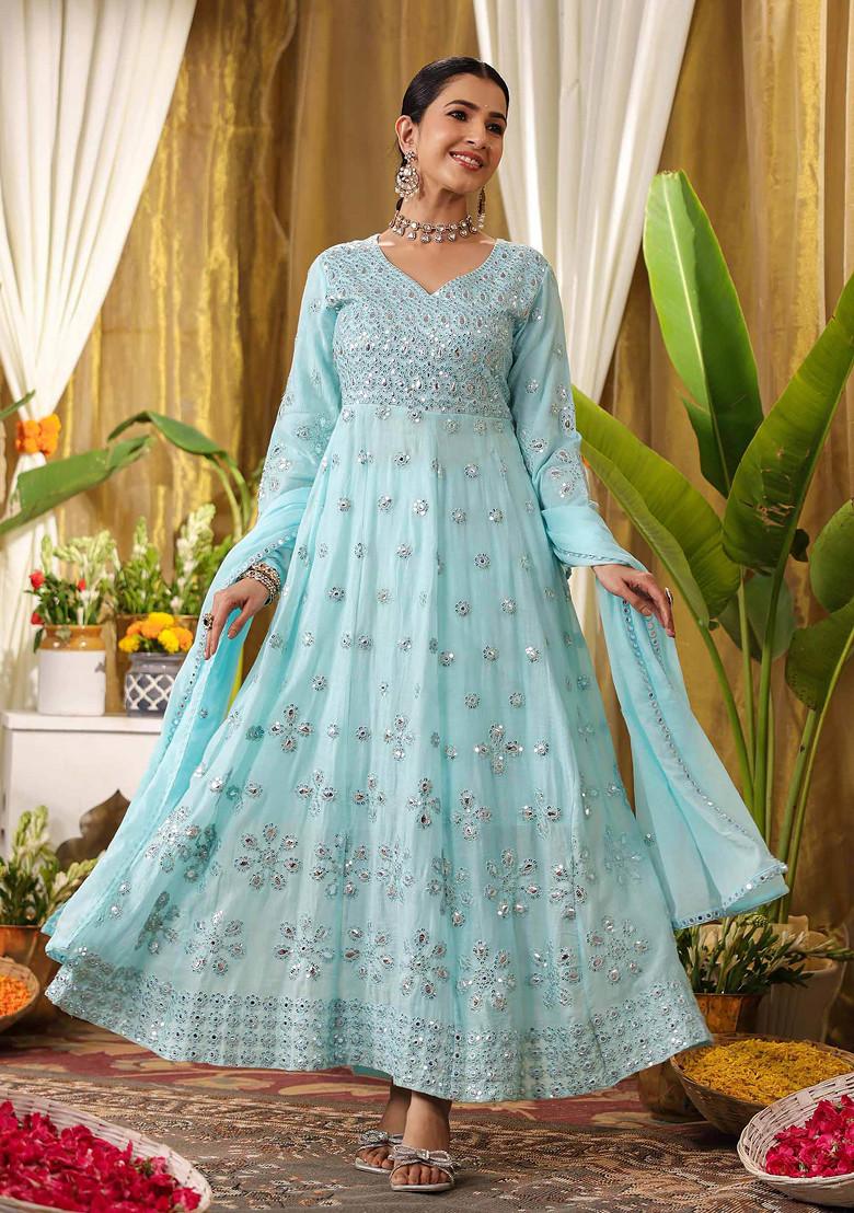 Aqua Blue Sequin Mirror Embroidered Cotton Mulmul Anarkali Set