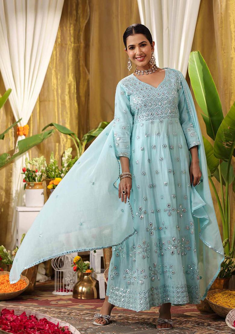 Aqua Blue Sequin Mirror Embroidered Cotton Mulmul Anarkali Set