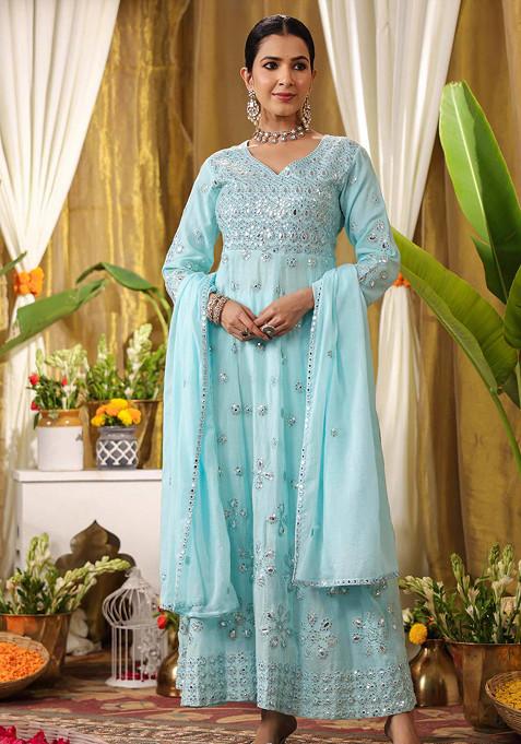 Aqua Blue Sequin Mirror Embroidered Cotton Mulmul Anarkali Set