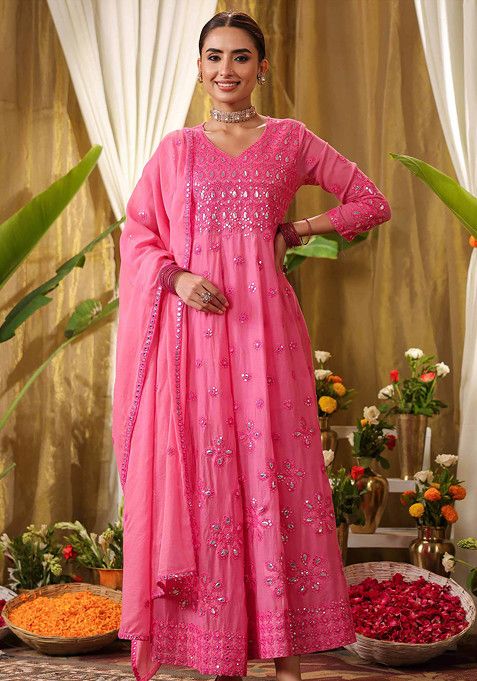 Coral Sequin Mirror Embroidered Cotton Mulmul Anarkali Set