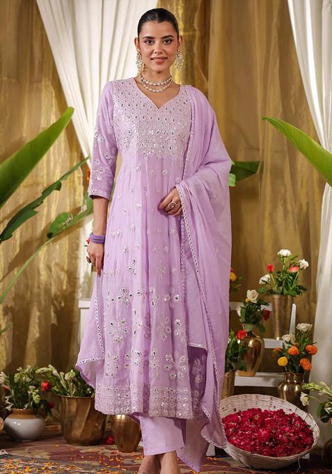 Lavender Sequin Mirror Embroidered Cotton Mulmul Anarkali Set