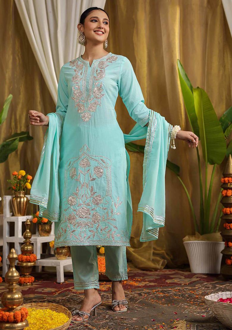 Turquoise Blue Gota Work Cotton Kurta Set