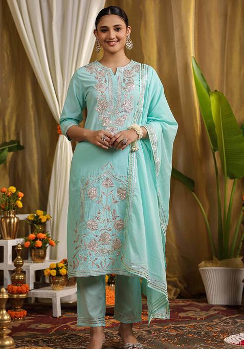 Turquoise Blue Gota Work Cotton Kurta Set