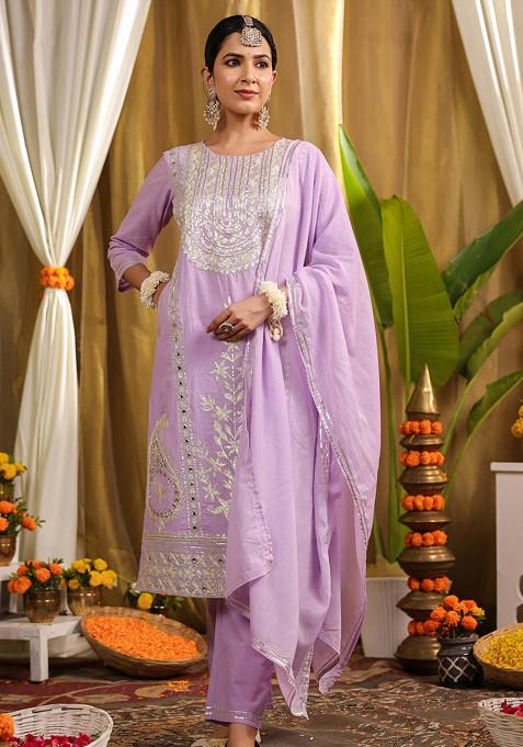 Lavender Gota Work Cotton Kurta Set