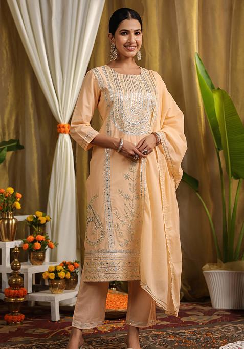 Peach Gota Work Cotton Kurta Set