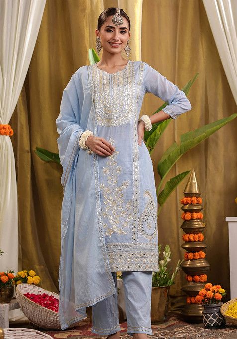 Blue Gota Work Cotton Kurta Set