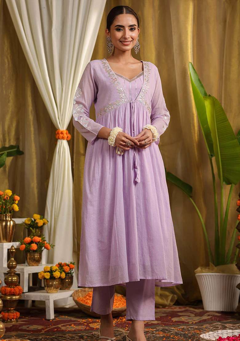 Lavender Gota Work Cotton Jacket Set - Indya