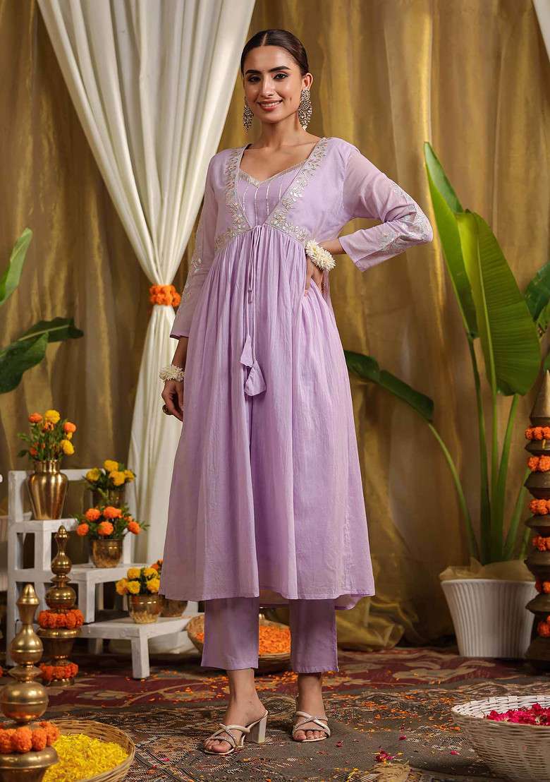Lavender Gota Work Cotton Jacket Set - Indya
