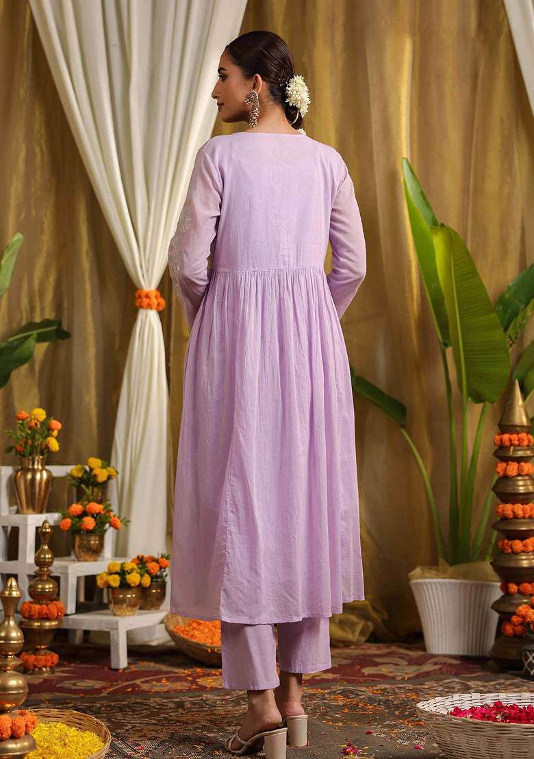 Lavender Gota Work Cotton Jacket Set - Indya