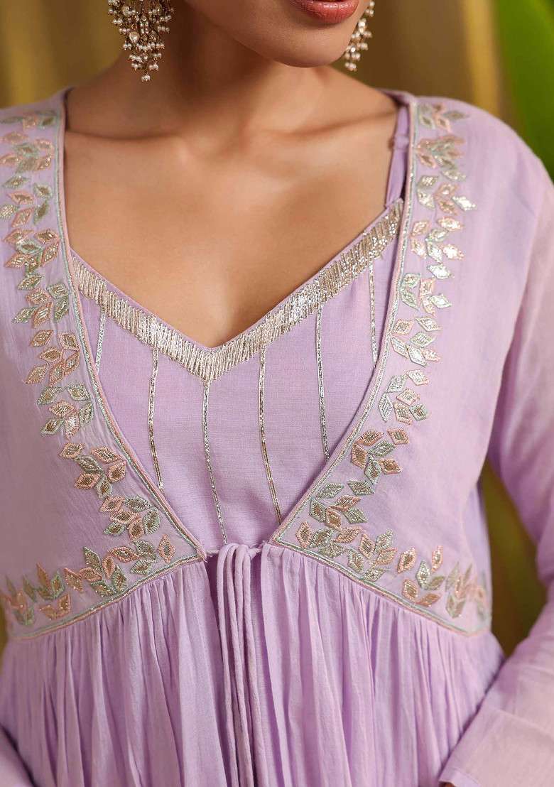Lavender Gota Work Cotton Jacket Set - Indya