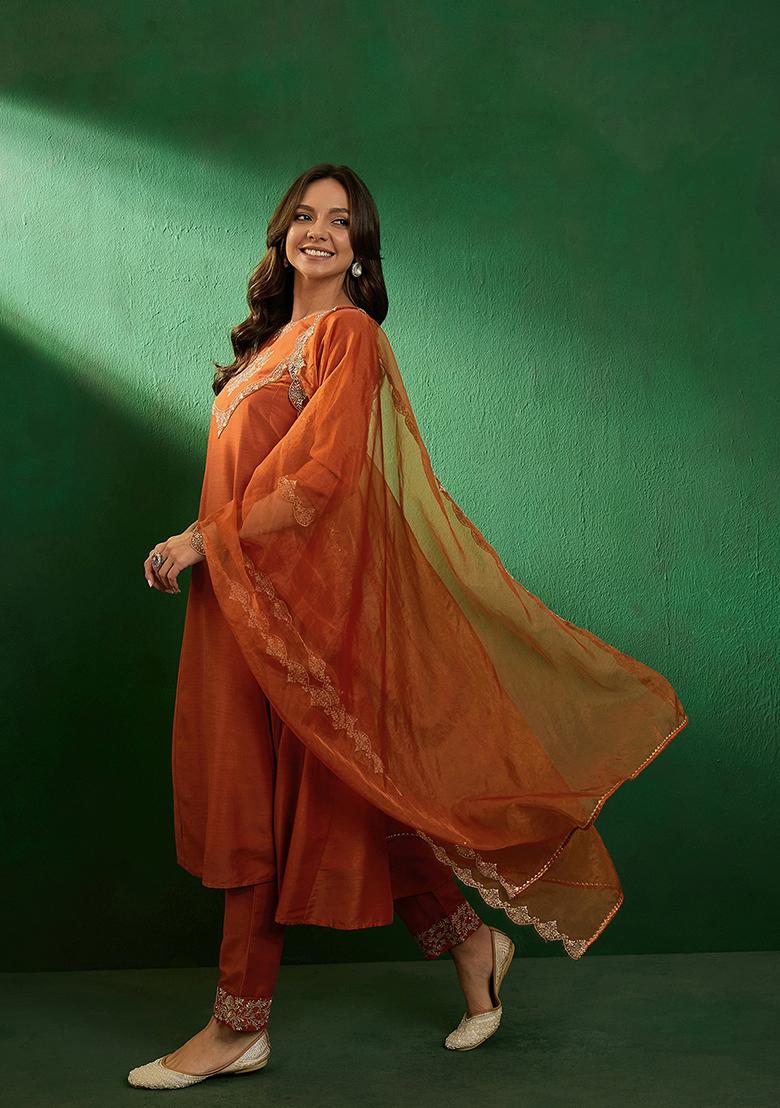 Orange Zari Sequin Embroidered Organza Kurta Set
