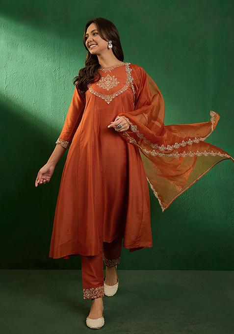 Orange Zari Sequin Embroidered Organza Kurta Set