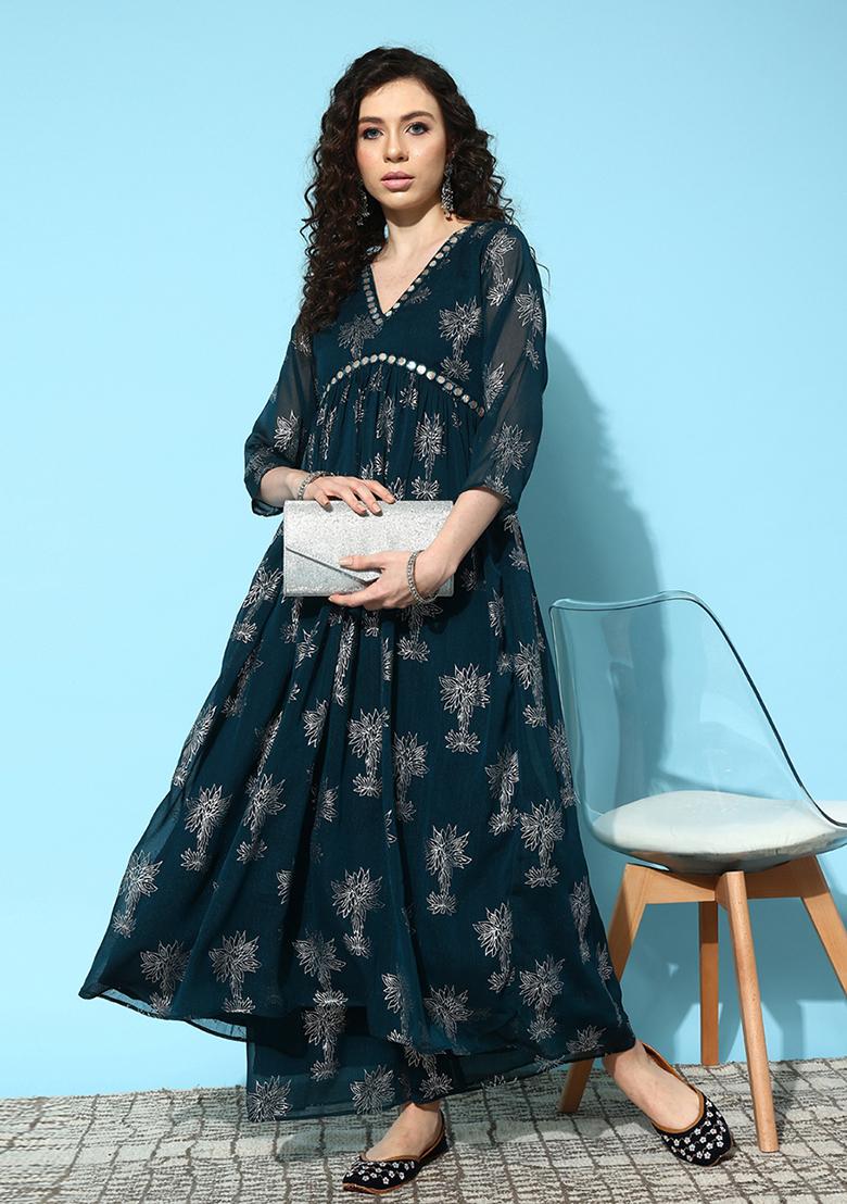 Teal Foil Print Organza Kurta Set