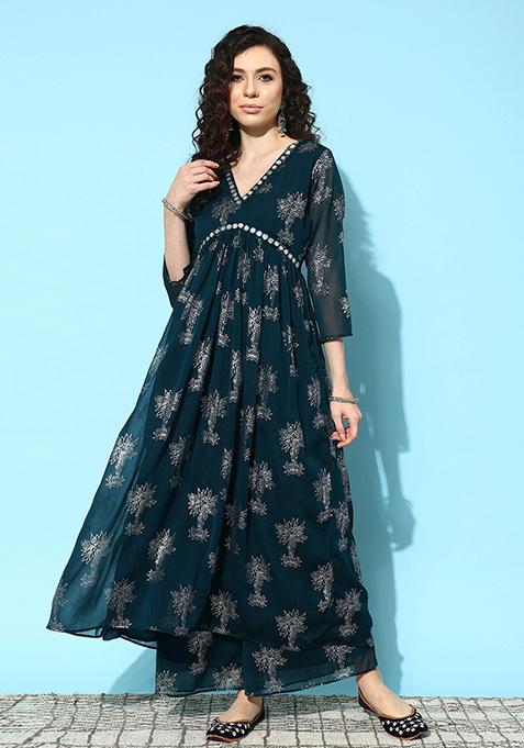 Teal Foil Print Organza Kurta Set