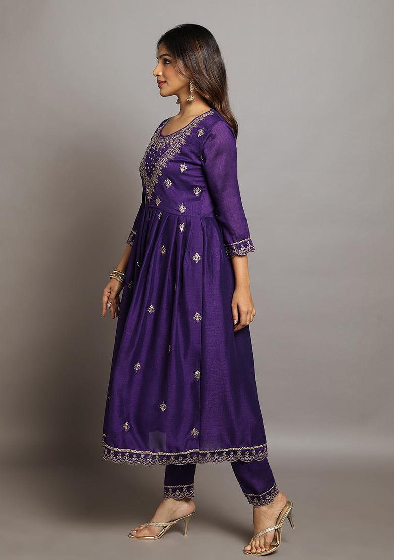 Purple Zari Sequin Embroidered Vichitra Kurta Set