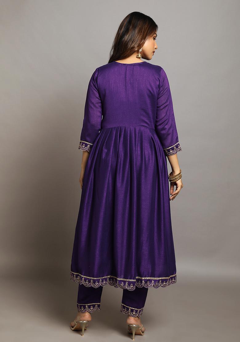 Purple Zari Sequin Embroidered Vichitra Kurta Set