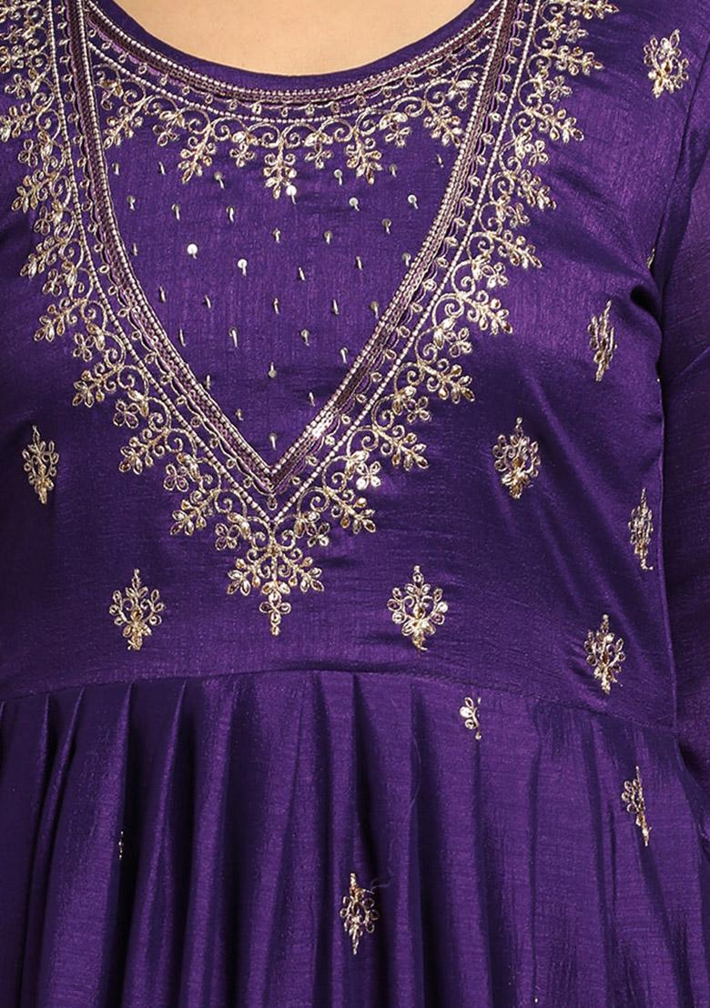 Purple Zari Sequin Embroidered Vichitra Kurta Set
