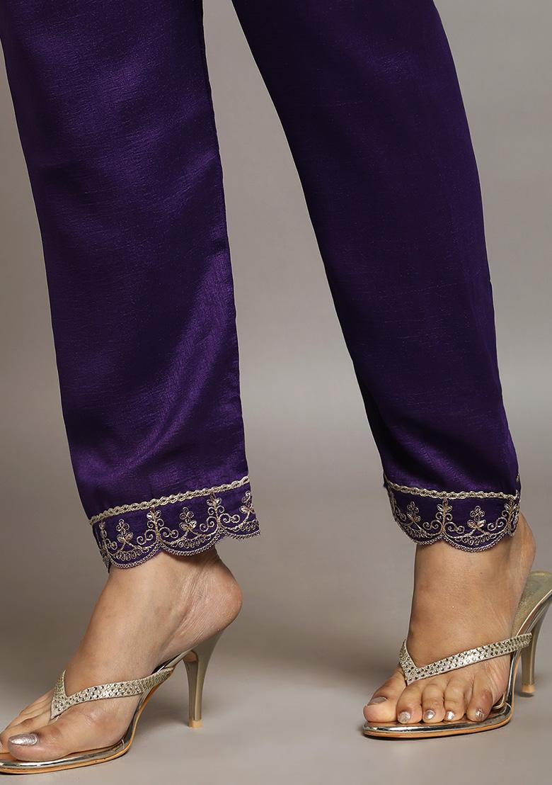 Purple Zari Sequin Embroidered Vichitra Kurta Set