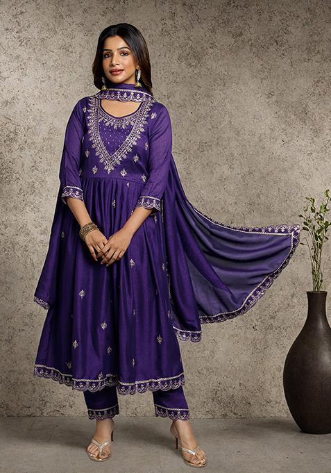 Purple Zari Sequin Embroidered Vichitra Kurta Set