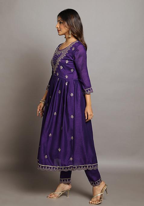 Purple Zari Sequin Embroidered Vichitra Kurta Set