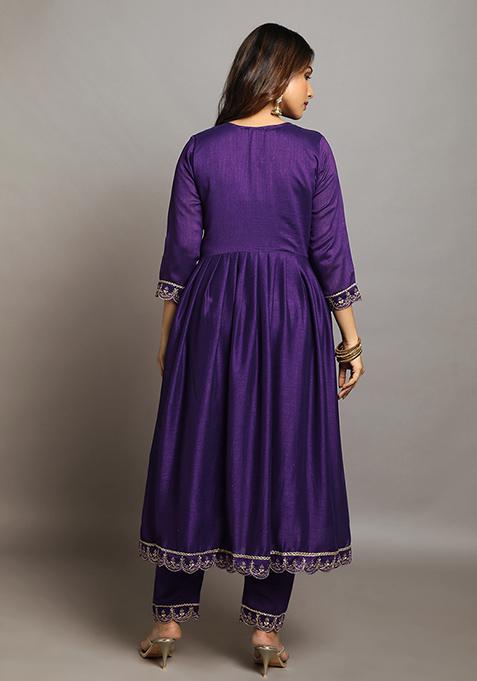 Purple Zari Sequin Embroidered Vichitra Kurta Set