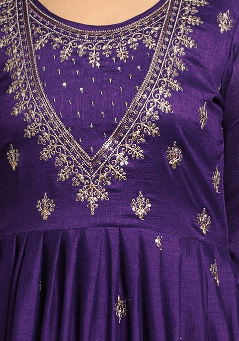Purple Zari Sequin Embroidered Vichitra Kurta Set